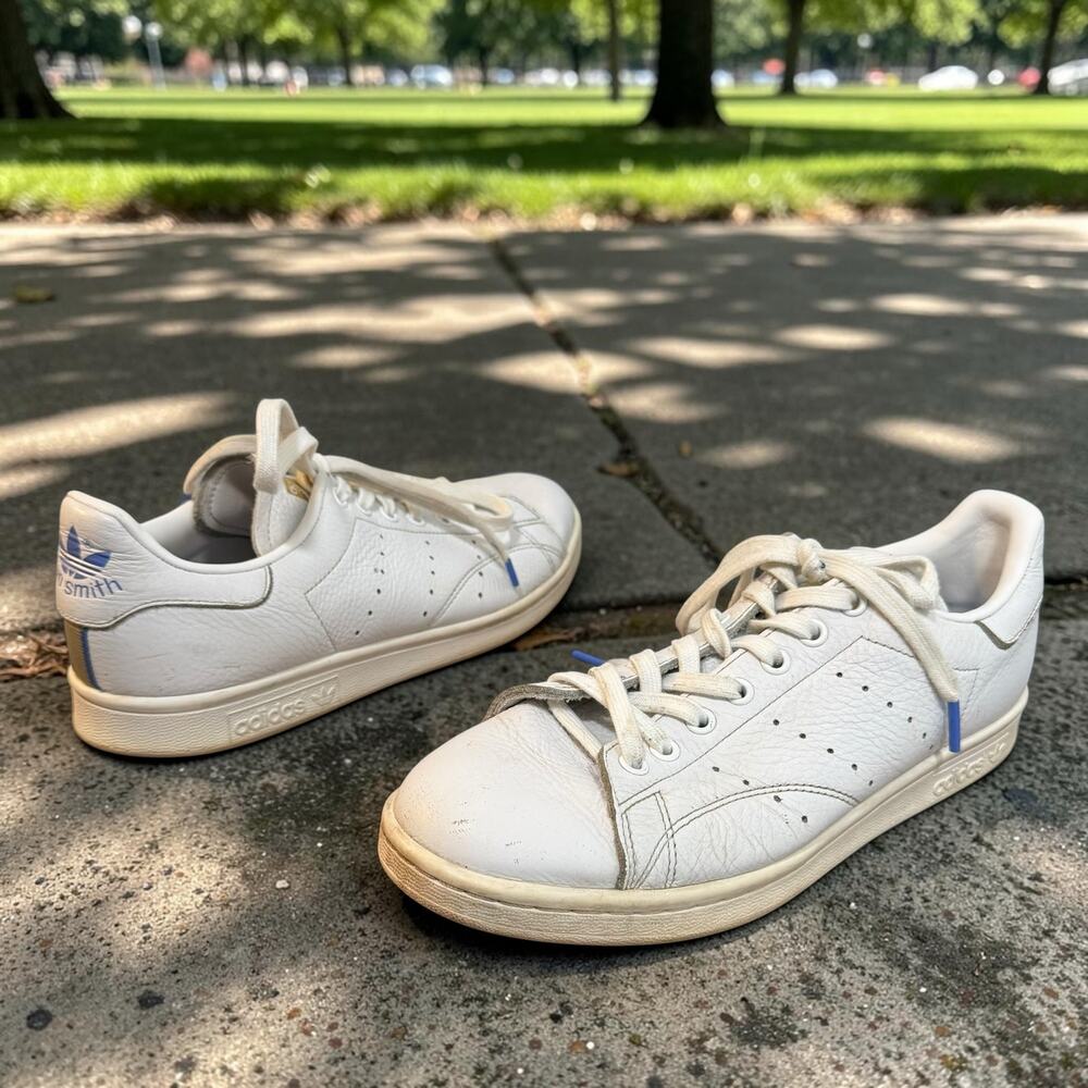 Adidas Women's 10 Stan Smith White Leather Lilac Logo Lace-Up Shoes CG6014